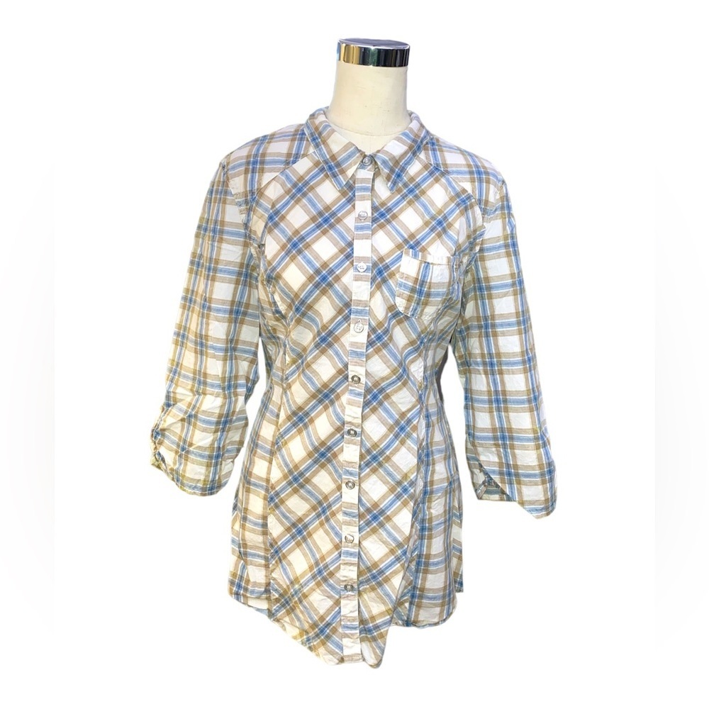 Maurices Taupe And Blue Plaid Button Down Shirt